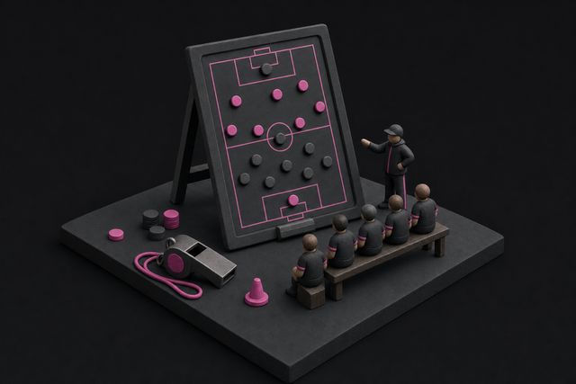 Magnettafel mit Spielfeld und aufgestellten Markern, daneben eine Trillerpfeife