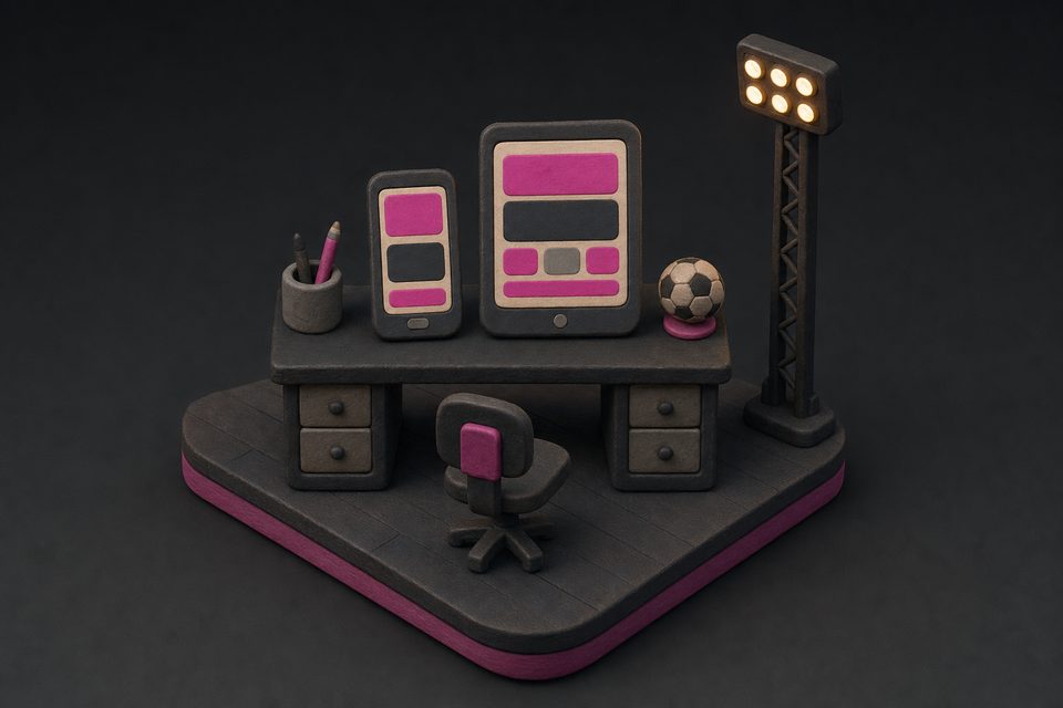 Miniatur-Schreibtisch mit Smartphone und Tablet, daneben ein Fußball und ein Flutlichtmast