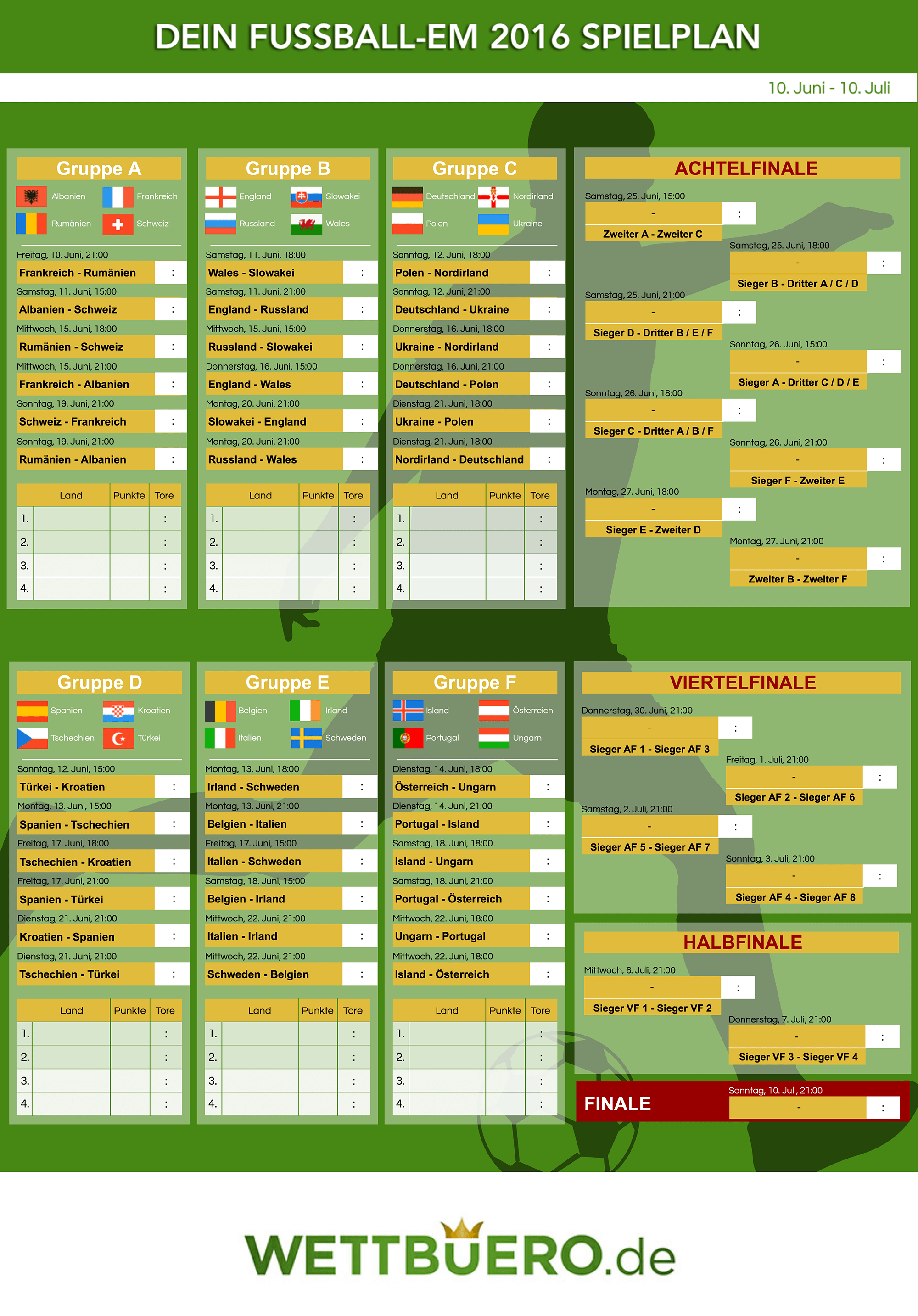 EM 2016 Spielplan zum Ausdrucken