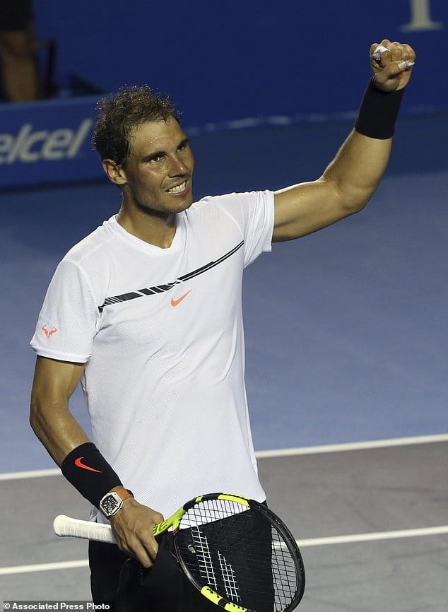 Spain's Rafael Nadal greets the crowd after defeating Japan's Yoshihito Nishioka in a quarterfinal match at the Mexican Tennis Open in Acapulco, Mexico, Thursday, March 2, 2017. (AP Photo/Enric Marti)